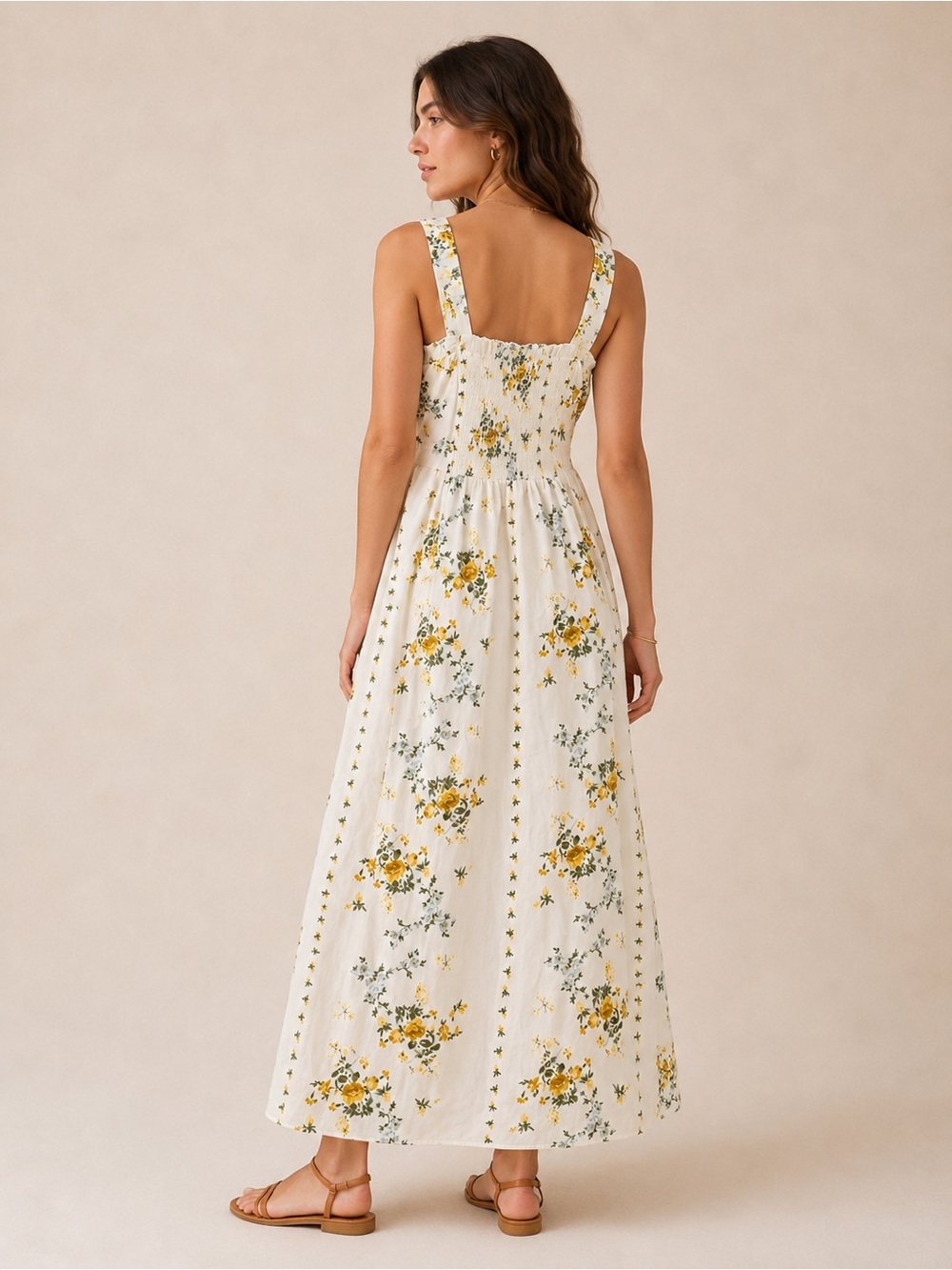 Caroline Constas Floral Boho Maxi Dress Ivory Yellow Cottagecore Smocked Bodice - Picture 5 of 15